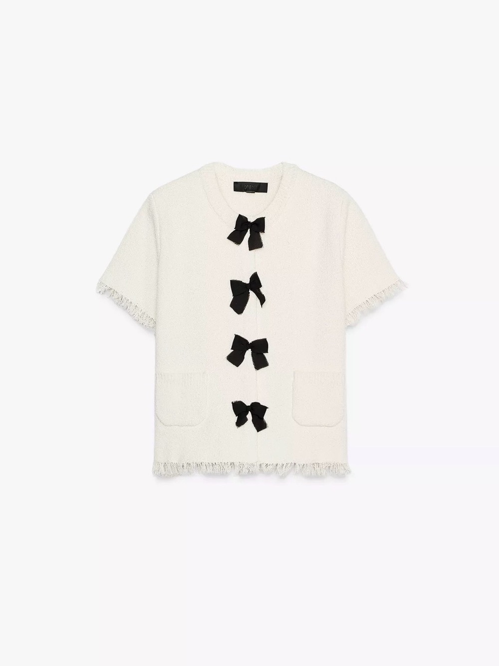 Zara Ivory Short-Sleeve Knit Top with Black Bow Accents